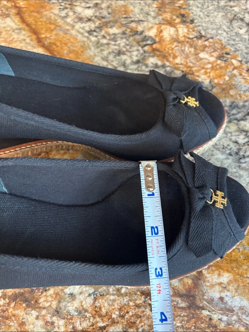 Tory Burch Black Espadrille Wedge Peep-Toe Pumps with Gold Logo